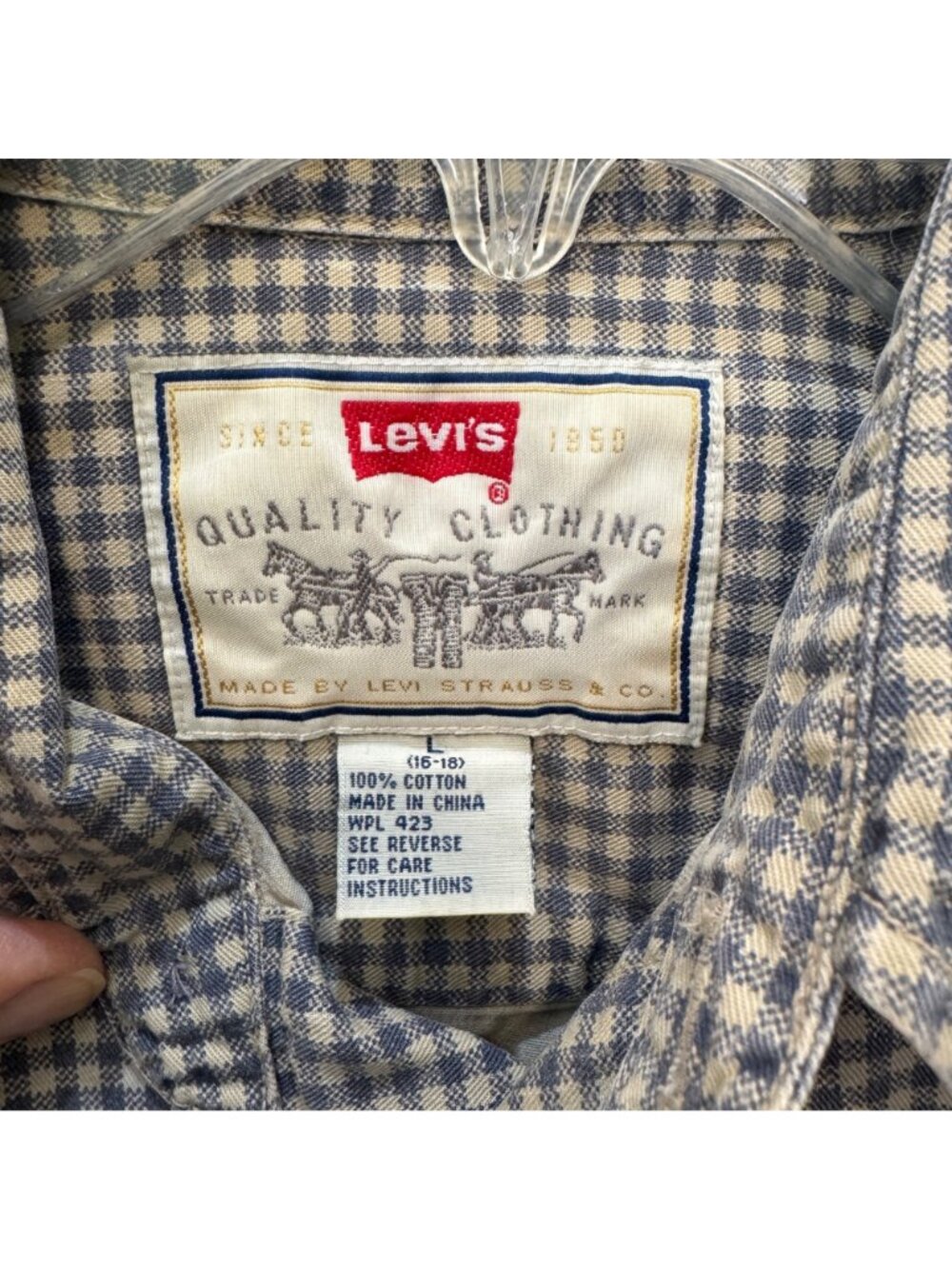 Vintage 90s Levi's Casual Houndstooth Women's L Shirt Blue White Relaxed Cotton - Picture 7 of 9